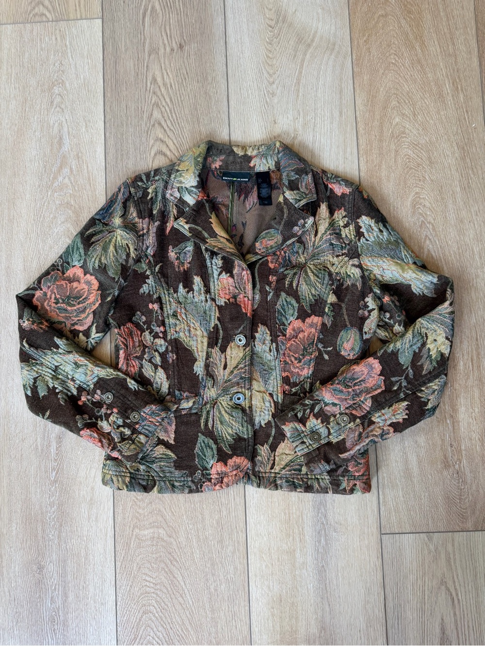 DKNY Jeans Floral Tapestry Jacket Vintage Woven Button Front Coat